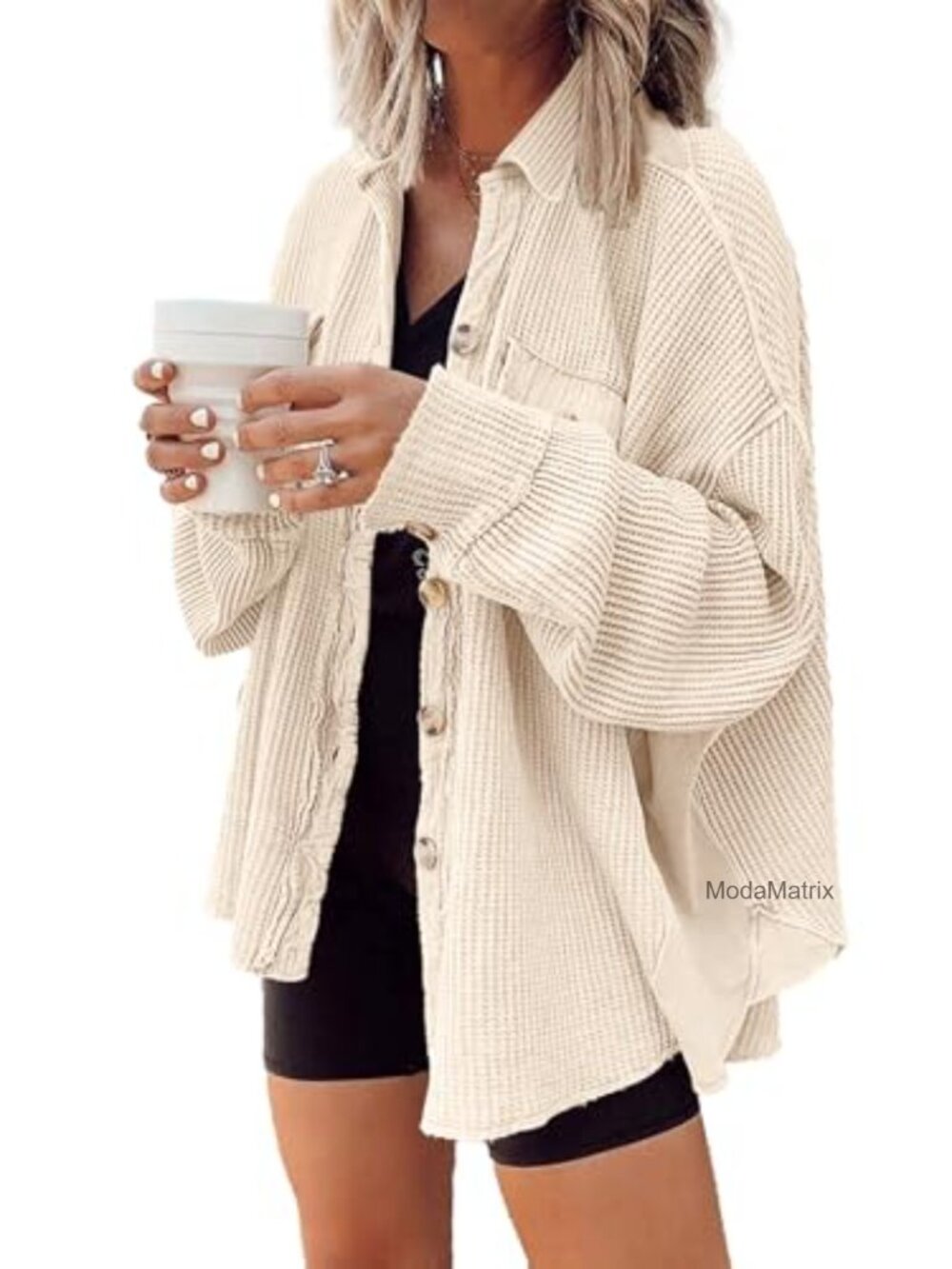 Waffle Knit Shacket Oversized Button Down Shirt Jacket Lightweight